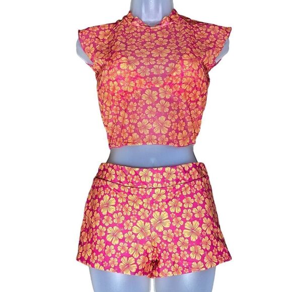 Shein Orange Pink Floral Y2K Neon Orange Sheer Two Piece Swimsuit - Picture 3 of 9